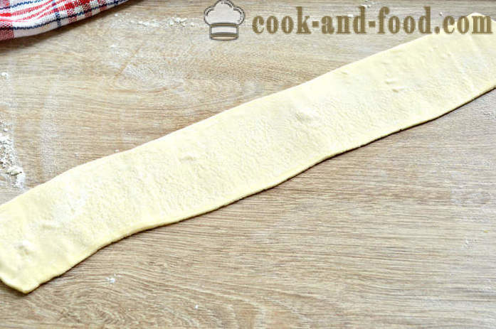 Pie Snail valmiista lehtitaikina - kuten paistaminen kerros kakku, etana juustoa ja makkaraa, askel askeleelta resepti kuvat