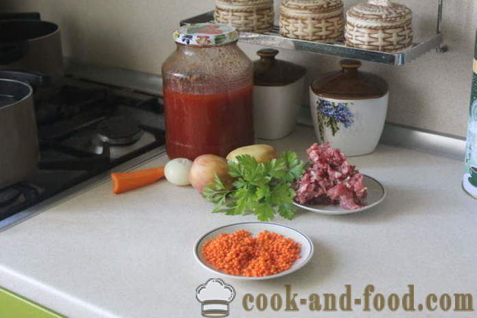 Yksinkertainen punainen linssi keitto lihapullat ja tomaatti - miten ruokaa keitto punaisia ​​linssejä, jossa askel askeleelta resepti kuvat