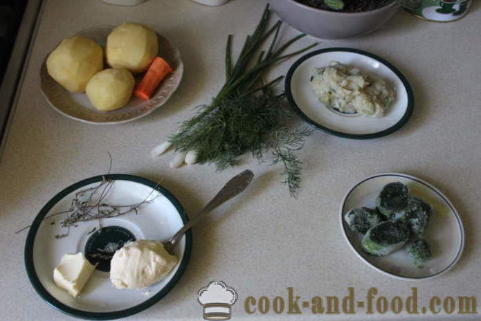 Pinaattikeittoa kerma ja nyytit - miten ruokaa keitto pinaatti jäädytetty, askel askeleelta resepti kuvat