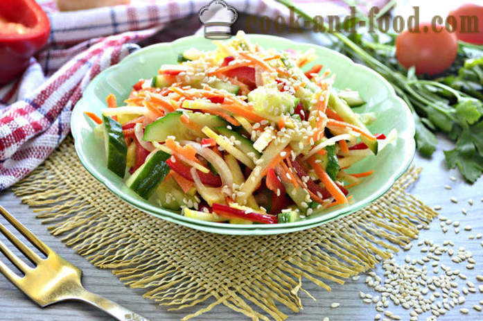 Tuoreet vihannekset salaatti seesami - miten tehdä salaatti seesaminsiemeniä ja vihanneksia, jossa askel askeleelta resepti kuvat