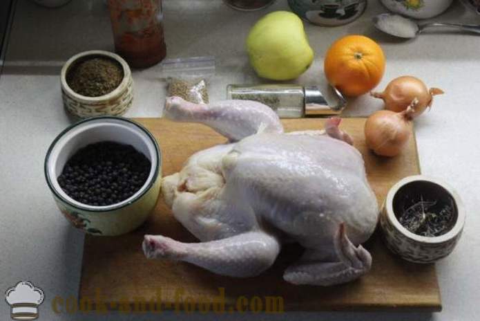 Kanaa uunissa koko, omenoita ja appelsiineja - herkullinen paistettu kana uunissa koko, askel askeleelta resepti kuvat
