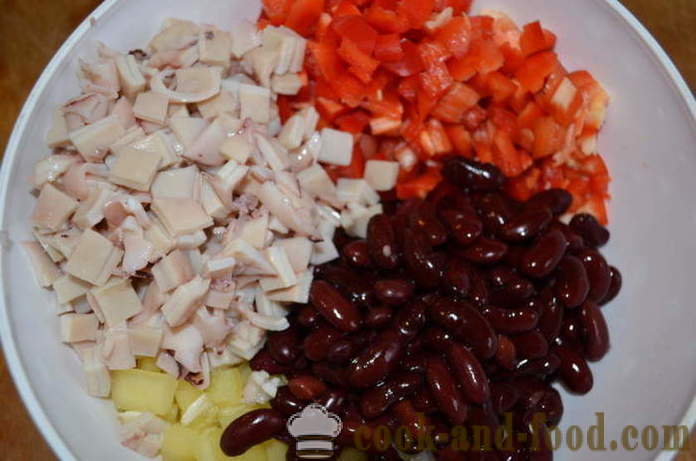 Salaatti papuja ja kalmari - Kuinka valmistautua salaatti kalmari ja papuja, jossa askel askeleelta resepti kuvat