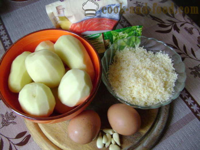 Vuoka raastettua raakaa perunaa juusto ja valkosipuli - miten ruokaa herkullinen vuoka perunoita uunissa, jossa askel askeleelta resepti kuvat