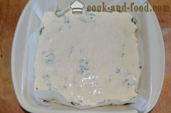 Nopea täyte kakku jogurtti pinaatti, kananmuna ja kevätsipulia - miten valmistautua jellied kakku kefir, askel askeleelta resepti kuvat