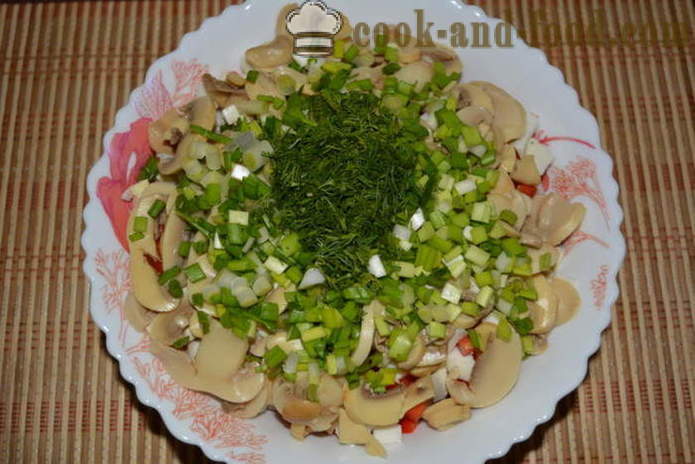Salaatti mustekalaa, sienet, kurkut ja pippuria - miten valmistautua salaatti kalmari ja sieniä, askel askeleelta resepti kuvat