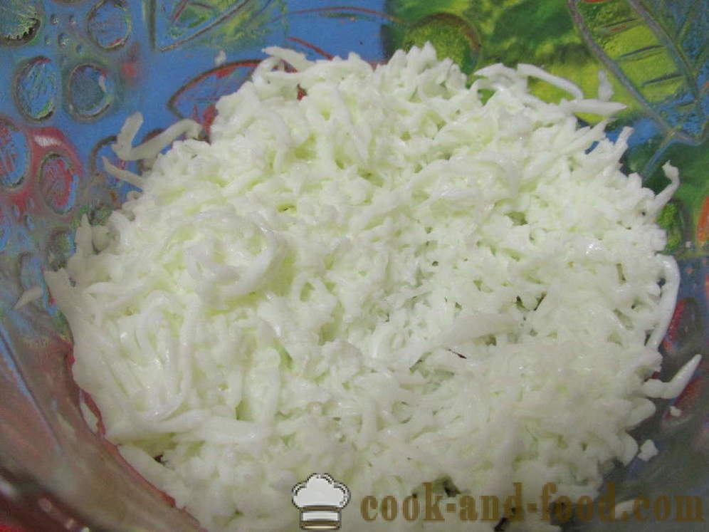 Mimosa salaatti purkitettu ja sulatejuusto - miten valmistautua salaatti Mimosa Canned ilman öljyä, askel askeleelta resepti kuvat