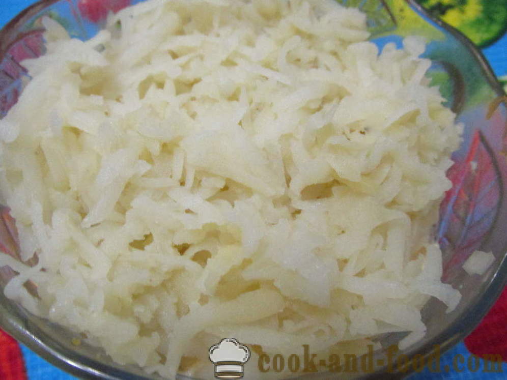 Mimosa salaatti purkitettu ja sulatejuusto - miten valmistautua salaatti Mimosa Canned ilman öljyä, askel askeleelta resepti kuvat