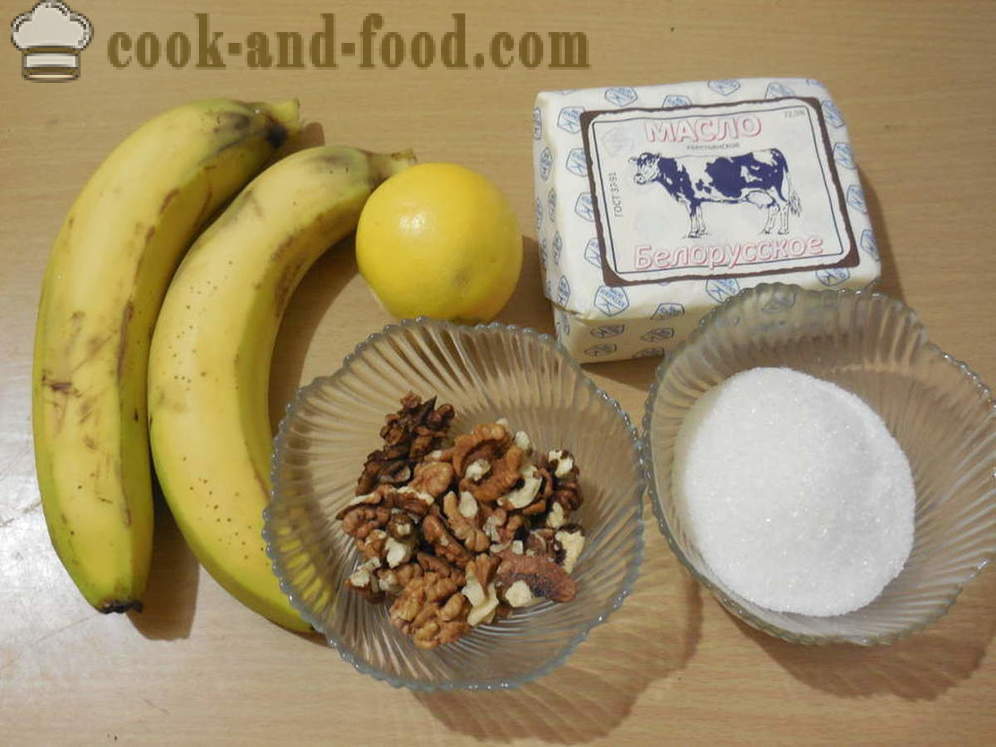 Banaanit paistetaan uunissa pähkinöitä ja sokeria - kuten paistetaan banaaneja uunissa jälkiruoka, askel askeleelta resepti kuvat
