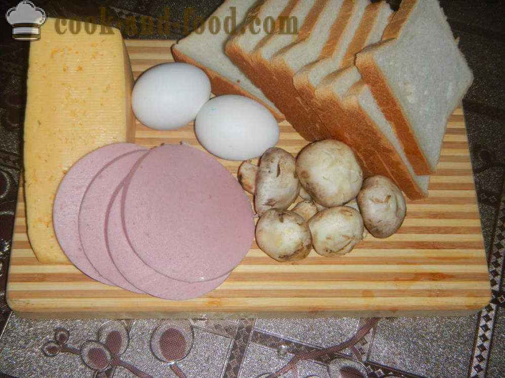 Kuuma voileipiä kananmunalla uunissa - miten tehdä kuuma voileipä kananmunaa, makkaraa ja sieniä, askel askeleelta resepti kuvat