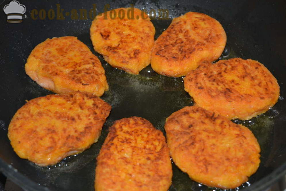 Classic Porkkana pihvit mannasuurimot, kuten lastentarhassa - miten Cook hampurilaiset keitetyt porkkanat pannuun, resepti askel askeleelta kuvat