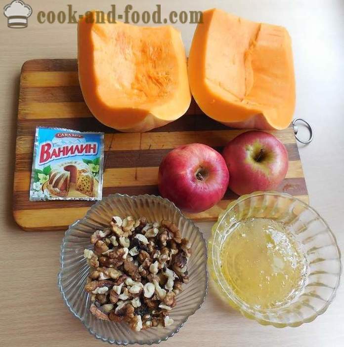Hunaja jälkiruoka paistettu kurpitsan, omenat ja pähkinät - miten ruokaa jälkiruoka kurpitsan resepti kuva
